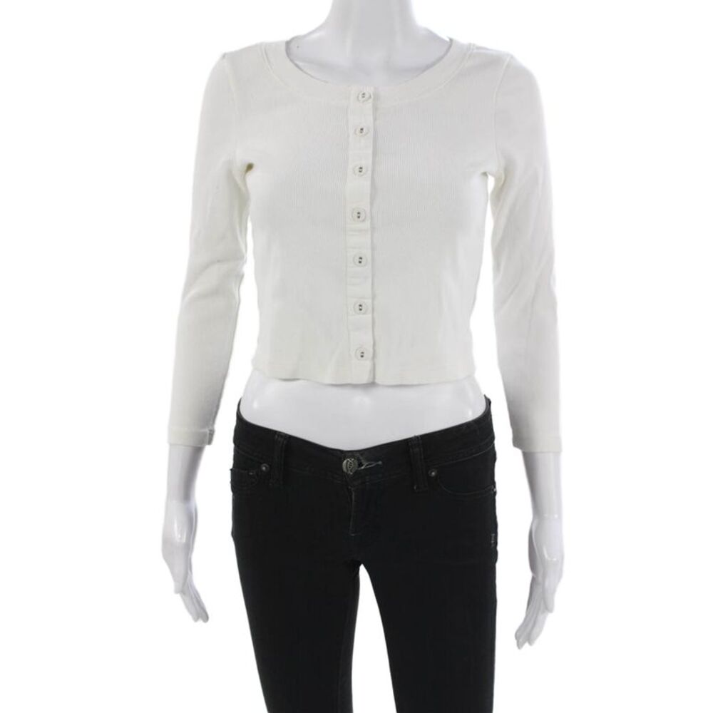 Free-est Women Cropped White Cotton Round Neck 3/4 Sleeve Button-Up Size XS